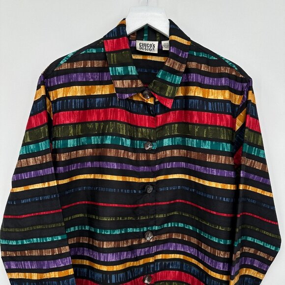 Vintage Chicos Design 100% Silk Top Shirt Shacket Size 1 US M 8 Patchwork Button - Picture 2 of 12